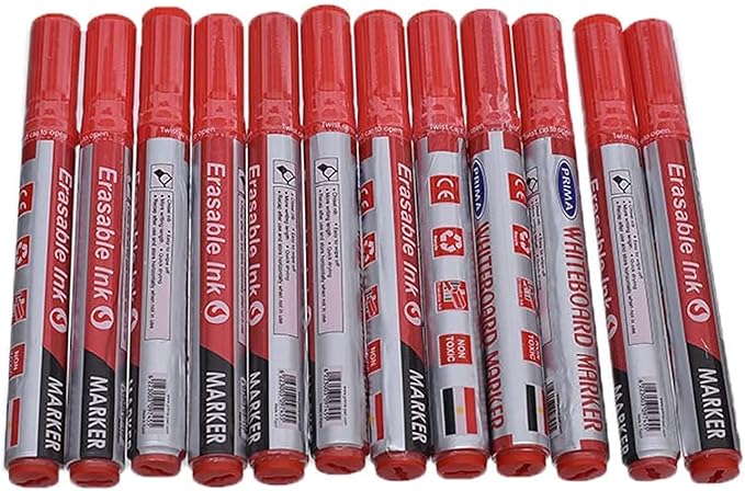 Prima white board marker erasable ink set of 12 pcs. - red